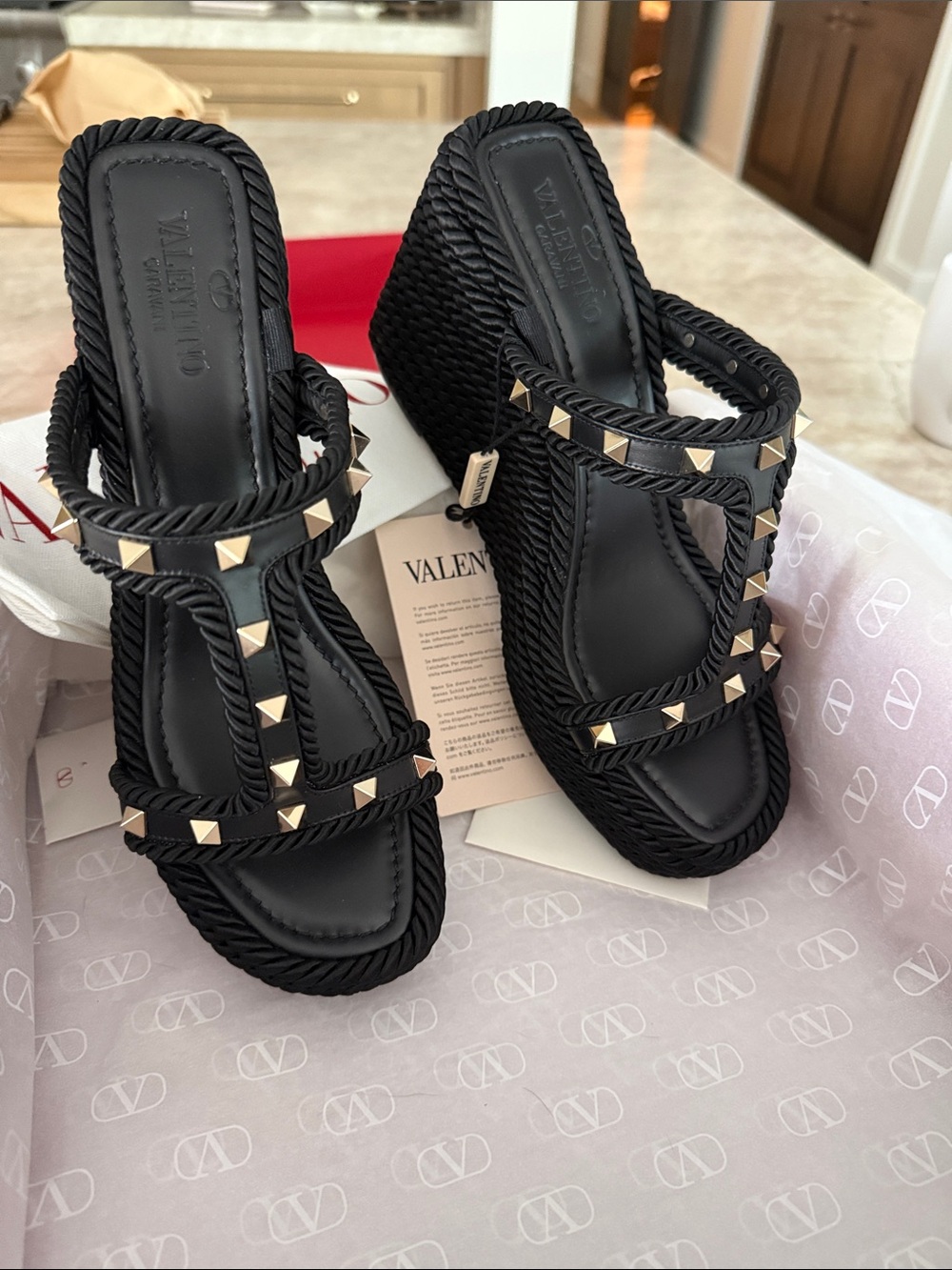 Valentino Black Rope Studded Wedge Sandals